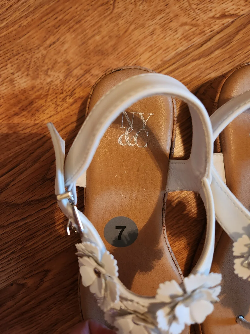 White Floral T-Strap Sandals, Cork Platform Wedge